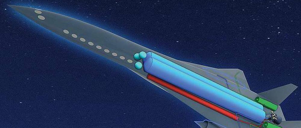 Zehst. Eine Computergrafik zeigt, wie das Flugzeug der Zukunft aussehen wird, das mit Raketenantrieb ausgestattet ist. Foto: AFP