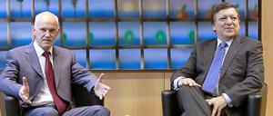 Griechenlands Premierminister George Papandreou und EU-Kommissionspräsident Jose Manuel Barroso (r.) wissen, worum es beim Gipfel am Donnerstag in Brüssel geht.