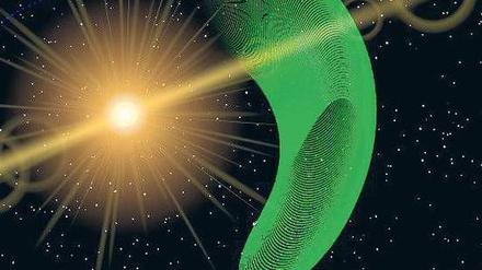 Himmelsschraube. Der Asteroid „2010 TK7“ ist der Erde etwas voraus und kreist gemeinsam mit ihr um die Sonne. Zudem fliegt er gegenüber unserem Planeten vor und zurück und beschreibt dadurch eine Spirale (grün). 