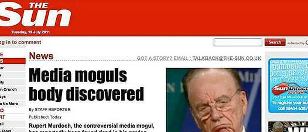 Mitten im britischen Medienskandal LulzSec drang LulzSec in die Server der "Sun" ein und veröffentlichte eine Falschmeldung über den Tod des Medienmoguls Rupert Murdoch.