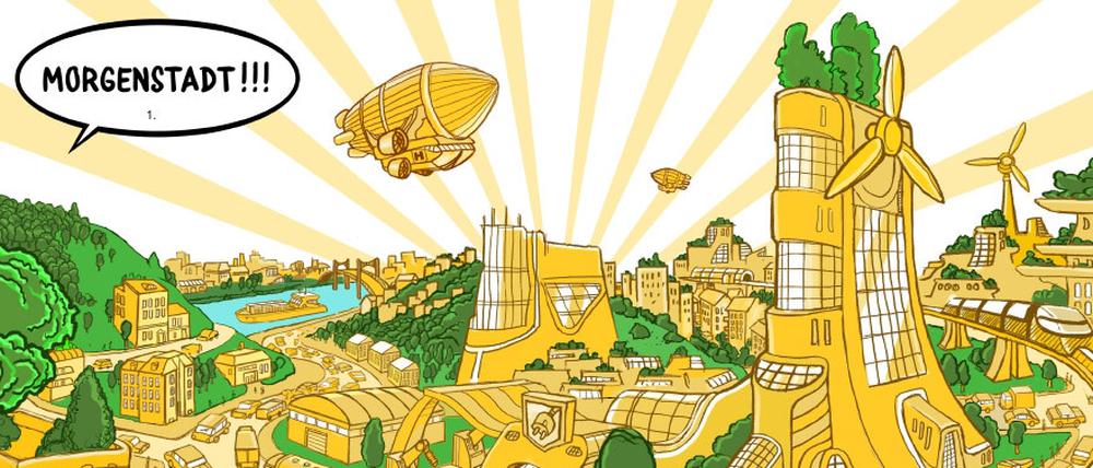 Die Stadt der Zukunft - wie die Berliner Zeichner von Moga Mobo sie sich vorstellen.