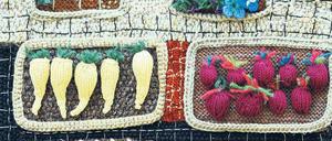 Knackig, knusprig, künstlich. Gestricktes Gemüse auf einem Markt im englischen Seebad Brighton – nachhaltiger geht’s nimmer.