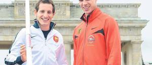 Stars vor historischer Kulisse. Stabhochsprung-Europameister Lavillenie (links) und Weitspringer Sebastian Bayer. Foto: dpa