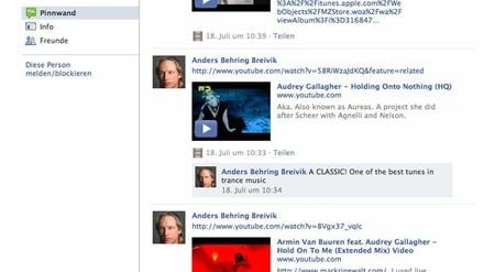Der Screenshot vom Freitagabend zeigt die inzwischen gesperrte Facebook-Seite von Anders Behring Breivik, dem mutmaßlichen Attentäter von Oslo und Utoya.