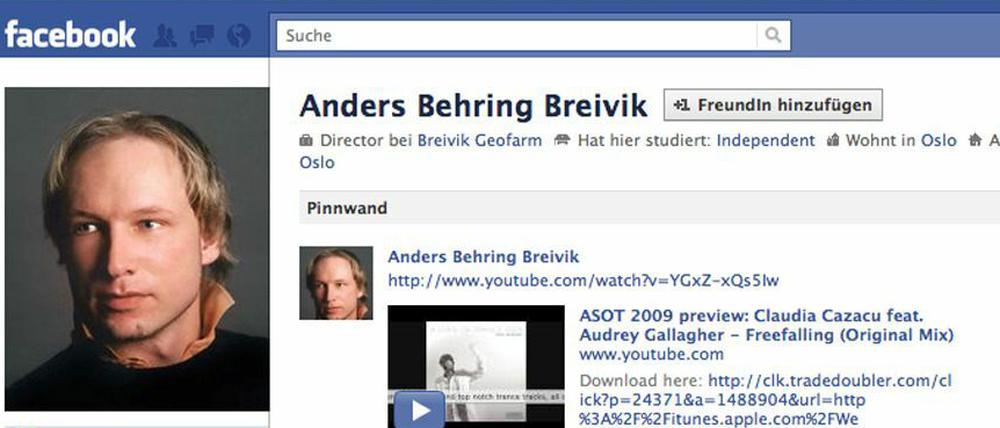 Der Screenshot vom Freitagabend zeigt die inzwischen gesperrte Facebook-Seite von Anders Behring Breivik, dem mutmaßlichen Attentäter von Oslo und Utoya.