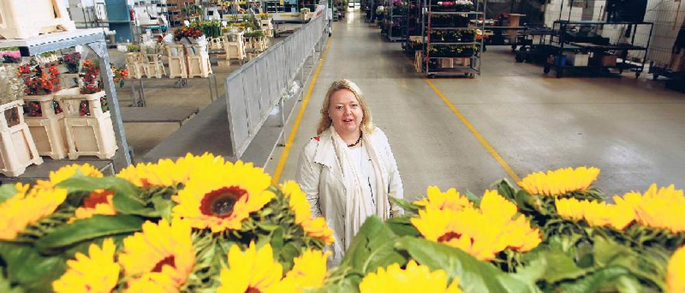 Kultur ist dufte. Alice Ströver 2007 im Blumengroßmarkt in der Kreuzberger Lindenstraße. Sie hätte sich hier die Berliner Kunsthalle gewünscht, aber die Halle wird nun zum Erweiterungsbau des Jüdischen Museums. Foto: Davids/Darmer