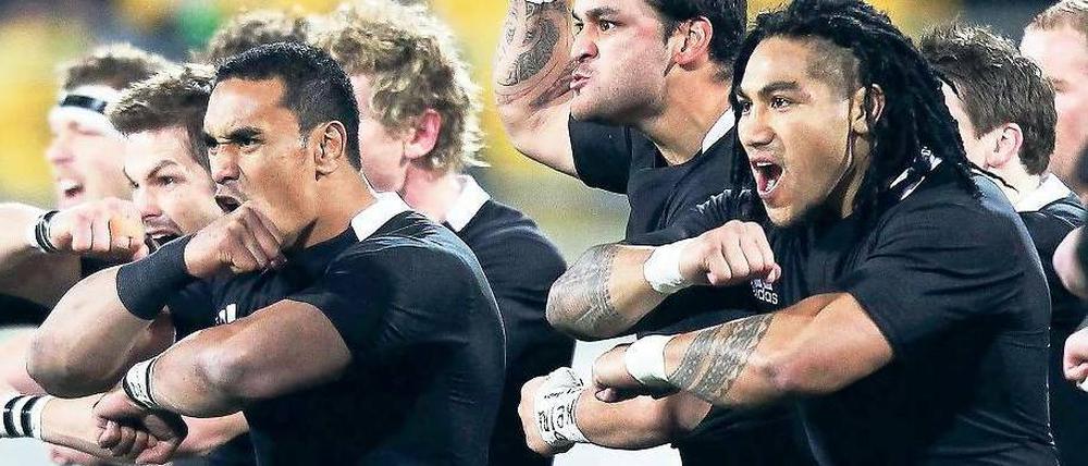 Men in Black: Die „All Blacks“ sind das Nationalteam der Insel. In Neuseeland ist Rugby Religion, Sport und nationaler Stolz. Foto: AFP
