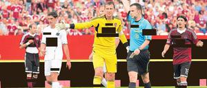 No Logo. Wie viel Werbung bei einer durchschnittlichen Bundesligapartie (wie hier am zweiten Spieltag dieser Saison zwischen Hannover 96 und dem 1. FC Nürnberg) im Spiel ist, merkt man erst, wenn man sie kenntlich beziehungsweise unkenntlich macht. Foto: Fishing4