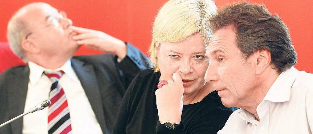 Links, Mitte, rechts: Bundestagsfraktionschef Gregor Gysi und die Parteivorsitzenden Klaus Ernst und Gesine Lötzsch bei der Fraktionsklausur am Freitag in Rostock. Foto: Jens Büttner/dpa