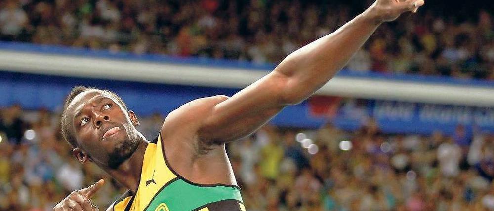 Der Showman. Superstar Usain Bolt in bekannter Pose. Foto: dpa