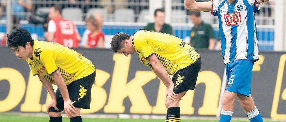 Verbeugung vor Hertha? Die Dortmunder Kagawa (l.) und Lewandowski wurden vom Berliner Mijatovic niedergerungen. Foto: dapd