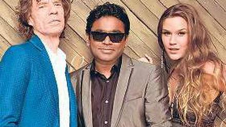 Superheavy. Mick Jagger, „Slumdog“-Komponist A. R. Rahman und Joss Stone. Foto: dpa