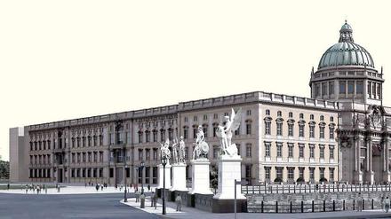 Und dann könnte es so aussehen.Die Computergrafik zeigt eine Nordwest-Ansicht des geplanten Berliner Schlosses, dem Humboldt-Forum, mit der Schlossbrücke im Vordergrund.