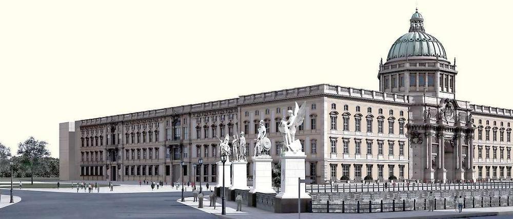 Und dann könnte es so aussehen.Die Computergrafik zeigt eine Nordwest-Ansicht des geplanten Berliner Schlosses, dem Humboldt-Forum, mit der Schlossbrücke im Vordergrund.