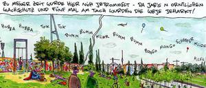 Neue Zeit: Immer wieder kommentiert OL die Veränderungen der Stadt, wie hier in einer Szene aus dem Mauerpark.
