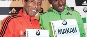 Schnelle Kumpeltypen. Haile Gebrselassie (links) und Patrick Makau. Foto: dapd