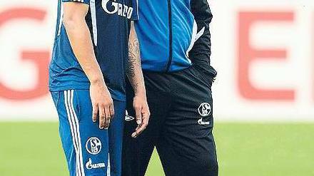 Zeit fürs Einzelgespräch. Huub Stevens instruiert Jefferson Farfan. Foto: dapd
