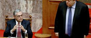 Präsident Papademos und Finanzminister Venizelos im Parlament.