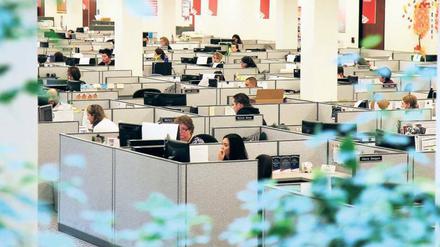 Arbeitsplatz Großraumbüro. Die Dienstleister sitzen oft an abgegrenzten Schreibtischen. In Deutschland arbeiten sie aber selten auf so engem Raum wie ihre US-Kollegen der Bank of America.Foto: Picture Alliance