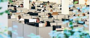 Arbeitsplatz Großraumbüro. Die Dienstleister sitzen oft an abgegrenzten Schreibtischen. In Deutschland arbeiten sie aber selten auf so engem Raum wie ihre US-Kollegen der Bank of America.Foto: Picture Alliance