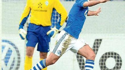 Señor Torjäger. Der Schalker Raúl jubelt nach einem seiner drei Treffer gegen Werder Bremen. Foto: dapd
