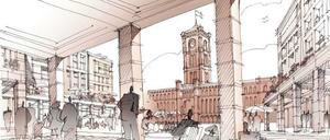 Das Rote Rathaus bräuchte einen Platz, der dieses Attribut verdient. Tchoban hat ihn gezeichnet - von Kolonnaden eingerahmt. 