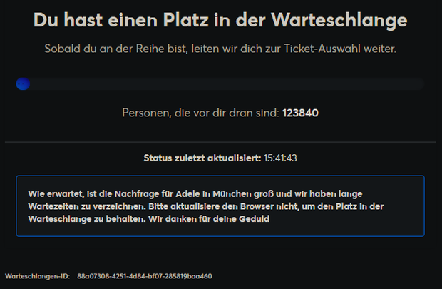 Versuch, am Donnerstagnachmittag Adele-Tickets zu kaufen: 123.840 Menschen vor einem in der digitalen Warteschlange. 
