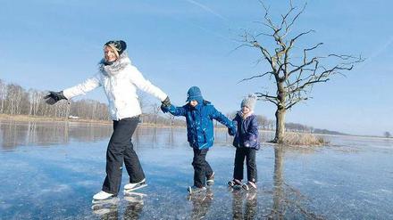 Kaltstart. In ganz Brandenburg gibt es überflutete Wiesen, die jetzt zu perfekten Eisbahnen erstarrt sind. Foto: Veit Rösler