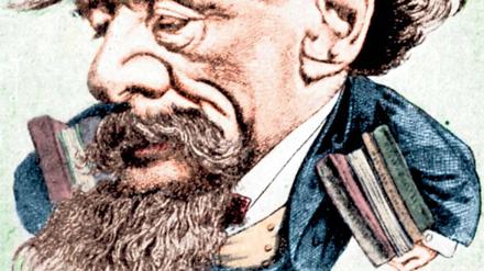 Ging täglich bis zu zwanzig Meilen zu Fuß. Dickens eilt zu einer Lesung von London nach Paris. Karikatur von André Gill aus dem Jahr 1868.