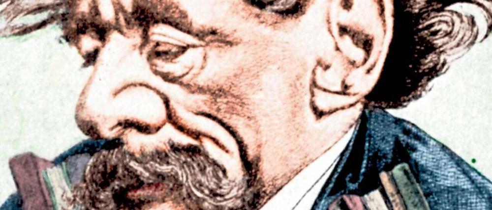 Ging täglich bis zu zwanzig Meilen zu Fuß. Dickens eilt zu einer Lesung von London nach Paris. Karikatur von André Gill aus dem Jahr 1868.