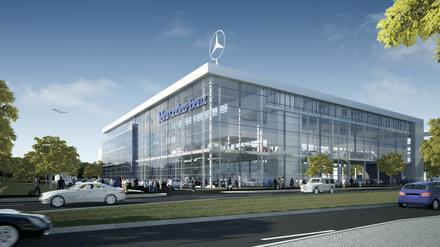 Fahren und fliegen. Am Rande des Flughafengeländes in Schönefeld entsteht bis zum Jahresende das Airportcenter von Mercedes-Benz. 