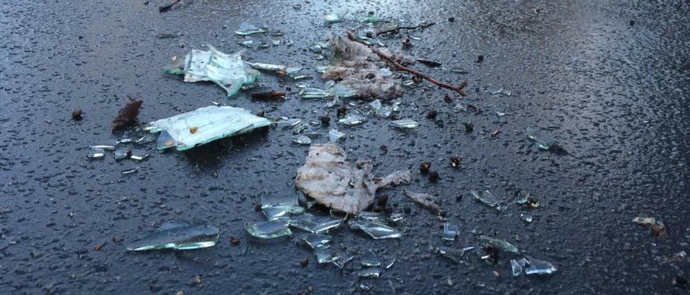 Haufenweise Scherben lagen am 3. März nicht zum ersten Mal auf dem Radstreifen der Köpenicker Straße, teils auch über die volle Breite des Radstreifens verteilt. 
