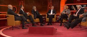 Im Rücktritts-Talk: Dirk Rossmann (v.l.n.r.), Nikolaus Blome, Gerhart Baum, Günther Jauch, Claudia Roth, Günther Beckstein und nicht mehr ganz im Bild Hans Herbert von Arnim-