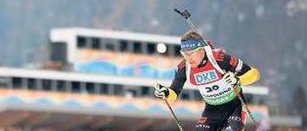 Mit letzter Kraft. Andreas Birnbacher verpasste seine zweite Bronzemedaille in Ruhpolding nur um 0,8 Sekunden.
