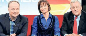 Jury hoch drei. Oliver Welke (links), Maybrit Illner und Michael Spreng. Foto: dpa