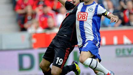 Lewan Kobiaschwili soll Bayer-Stürmer Eren Derdiyok in dieser Szene im Strafraum gefoult haben. Elfmeter für Bayer, Rot für Kobiaschwili.
