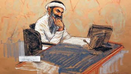 Angeklagt. Die Skizze zeigt den mutmaßlichen Terroristen Khalid Scheich Mohammed am ersten Tag der Verhandlung. 