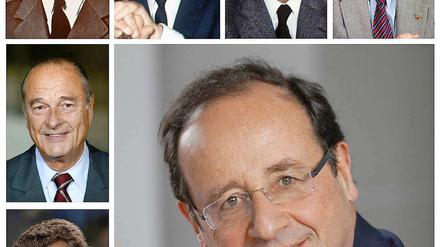 Der siebte Präsident. Francois Hollande (großes Bild) ist nach Francois Mitterrand (oben rechts) erst der zweite sozialistische Präsident. Oben links nach unten rechts: Charles de Gaulle, Georges Pompidou, Valéry Giscard d'Estaing, Mitterrand, Jacques Chirac, Nicolas Sarkozy. 