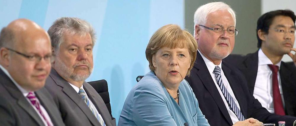 Nach dem Energiegipfel ist vor dem Energiegipfel. Bundeskanzlerin Angela Merkel will sich in Zukunft häufiger mit Kurt Beck (links von ihr), ihrem neuen Umweltminister Peter Altmaier (links von Beck), dem Nachfolger von Peter-Harry Carstensen (rechts von Merkel) und ihrem Wirtschaftsminister und Vizekanzler Philipp Rösler (ganz rechts) treffen. 