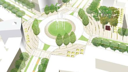 Weg mit der Kreuzung, her mit dem Platz. So könnte es am Kurt-Schumacher-Platz in Reinickendorf auch aussehen: Ein begrüntes Rondell verleiht ihm ein Herz. Der Verkehr würde durch die Maßnahme verlangsamt, die Straßen verschmälert und das Karree würde nicht mehr von Verkehrsadern in vier Teile zerschnitten.