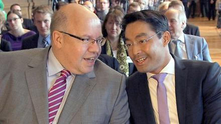 Zwei, die beschlossen haben, sich zu mögen: Umweltminister Peter Altmaier (CDU) und Wirtschaftsminister Philipp Rösler (FDP). Doch zwischen den beiden Häusern ist die Zusammenarbeit so zäh wie eh und je. Nicht alle Gegensätze lassen sich einfach wegdiskutieren. 