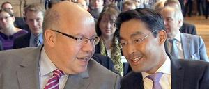 Zwei, die beschlossen haben, sich zu mögen: Umweltminister Peter Altmaier (CDU) und Wirtschaftsminister Philipp Rösler (FDP). Doch zwischen den beiden Häusern ist die Zusammenarbeit so zäh wie eh und je. Nicht alle Gegensätze lassen sich einfach wegdiskutieren. 