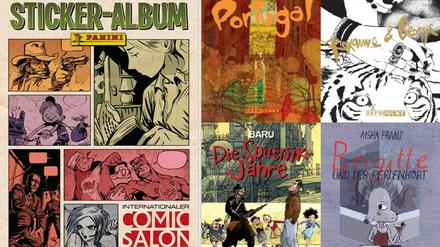 Suchtmittel: Links das Sticker-Album des diesjährigen Comicsalons, rechts ein paar Sticker, in diesem Fall von Reprodukt.