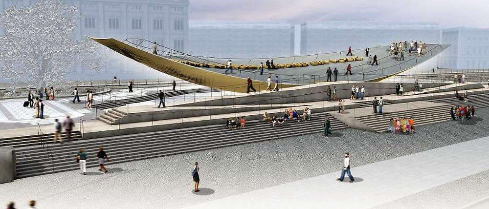 Riesenschaukel oder doch eher Skateboard-Halfpipe? Die Konstruktion des zukünftigen Einheitsdenkmals sorgte für Spott, aber auch ernsthafte Kritik.