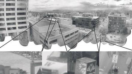 Viele Feinheiten, aber keine Farbe. Das Panoramabild von Seattle zeigt anhand mehrerer Vergrößerungen, wie genau das Kamerasystem arbeitet. Bisher aber nur in Schwarz-Weiß. Eine Farbvariante soll folgen.
