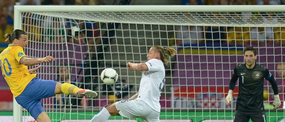 Drin. Zlatan Ibrahimovic trifft mit diesem traumhaften Volleyschuss zum 1:0 für Schweden.