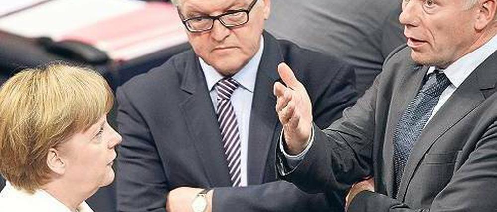 Kaum Vorfreude auf die nächsten Konflikte im Bundestag: Bundeskanzlerin Angela Merkel (CDU) unterhält sich am Freitag mit den Fraktionschefs von SPD und Grünen, Frank-Walter Steinmeier (Mitte) und Jürgen Trittin.