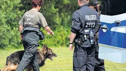 Großangelegte Suche. Hundeführerin der Polizei am Mittwoch auf Amrum. Foto: dpa