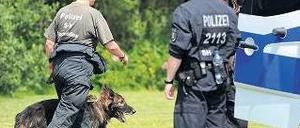 Großangelegte Suche. Hundeführerin der Polizei am Mittwoch auf Amrum. Foto: dpa