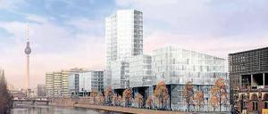 Eng ans Ufer gerückt. Ein 82 Meter hoher Turm darf auf dem Grundstück der BSR in Friedrichshain gebaut werden. Der Bezirk will das ändern, aber die landeseigene Firma verkauft das Areal mit bestehendem Baurecht.